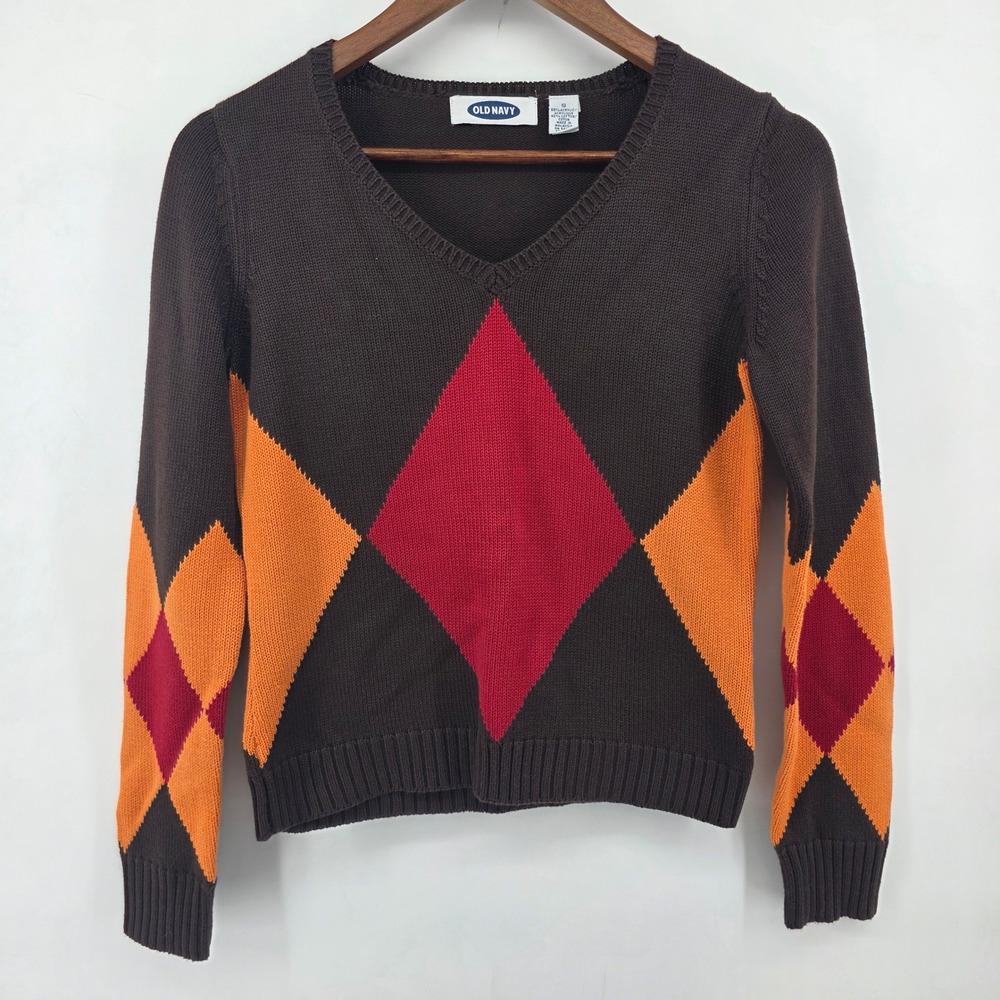 Old Navy Argyle V-Neck Sweater Brown Orange Red Size S